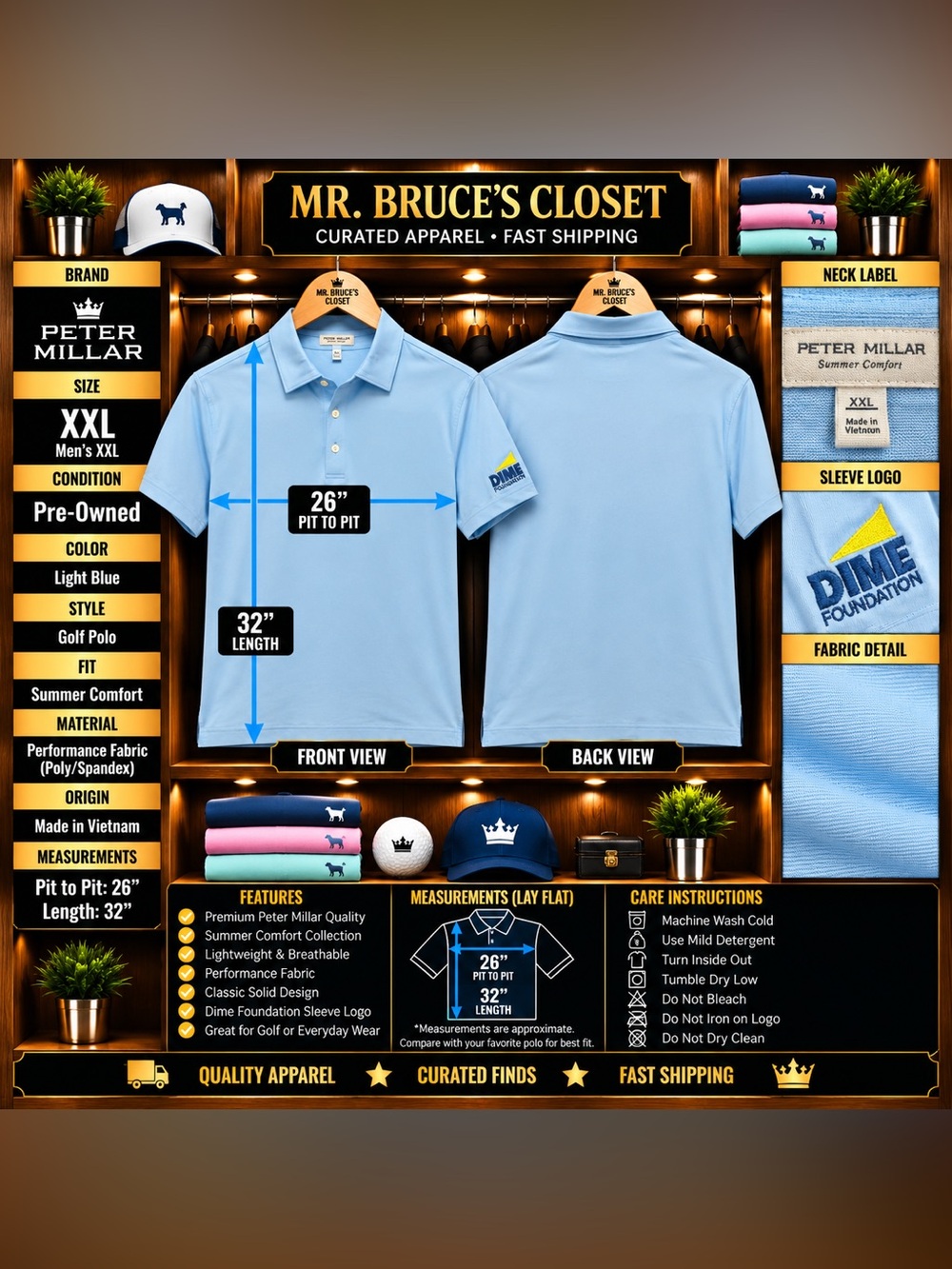 Peter Millar Light Blue Golf Polo with Dime Foundation Sleeve Logo